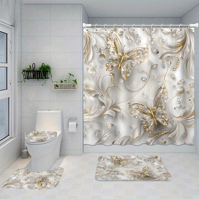 Bamboo Bath Mat - 4-delige elegante vlinder douchegordijnset met 12